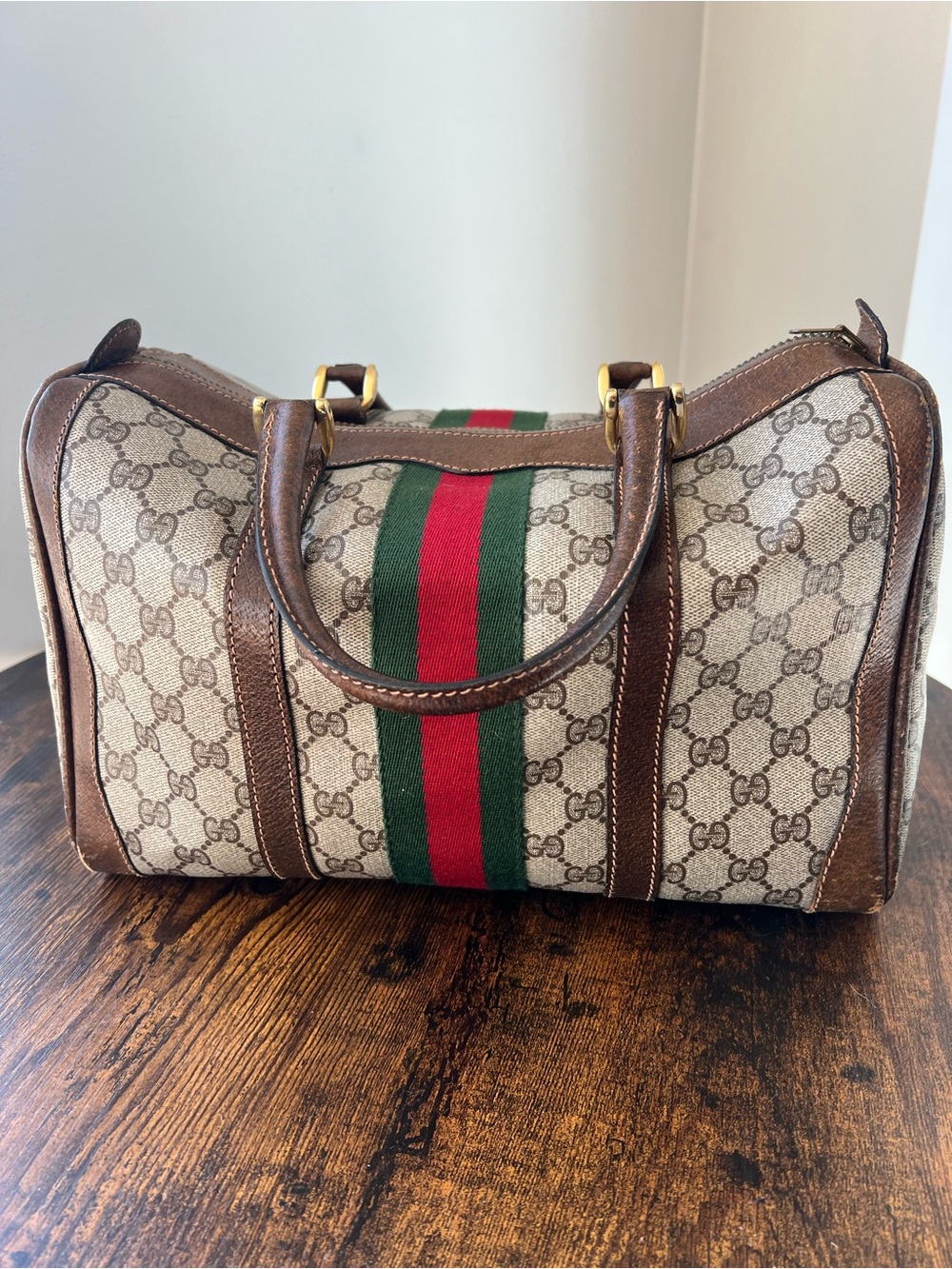 Vintage Gucci Brown GG Supreme Canvas Boston Bag with Red & Green Stripe